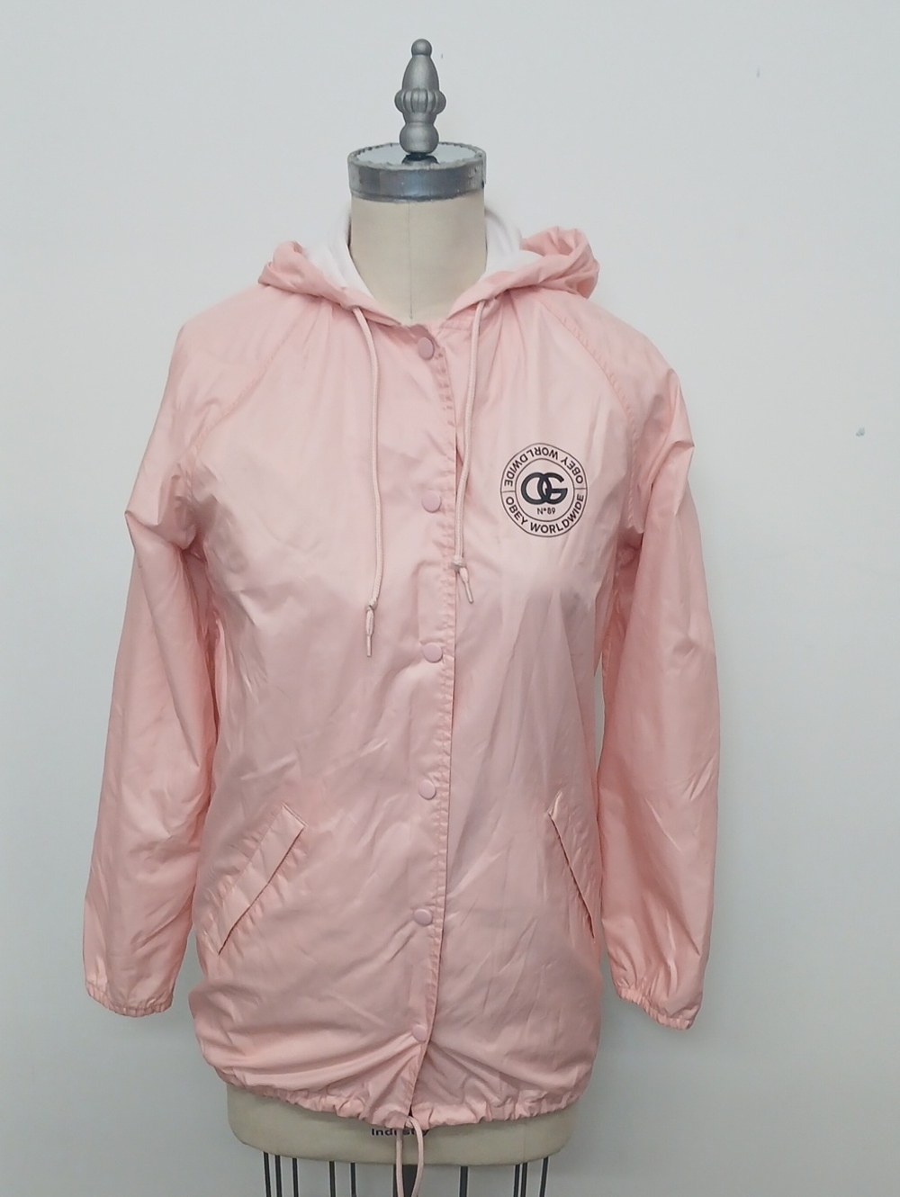 OBEY Baby Pink Snap Button Front hooded Windbreaker Size Small